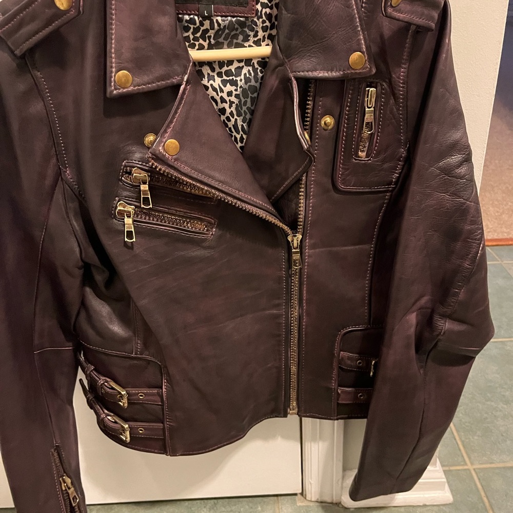 Wine Color Black Rivet Leather Coat